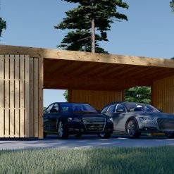 Carport for to biler med bod og sidevegg, LUNA DUO F PLUS, 7,6 x 5,6 m